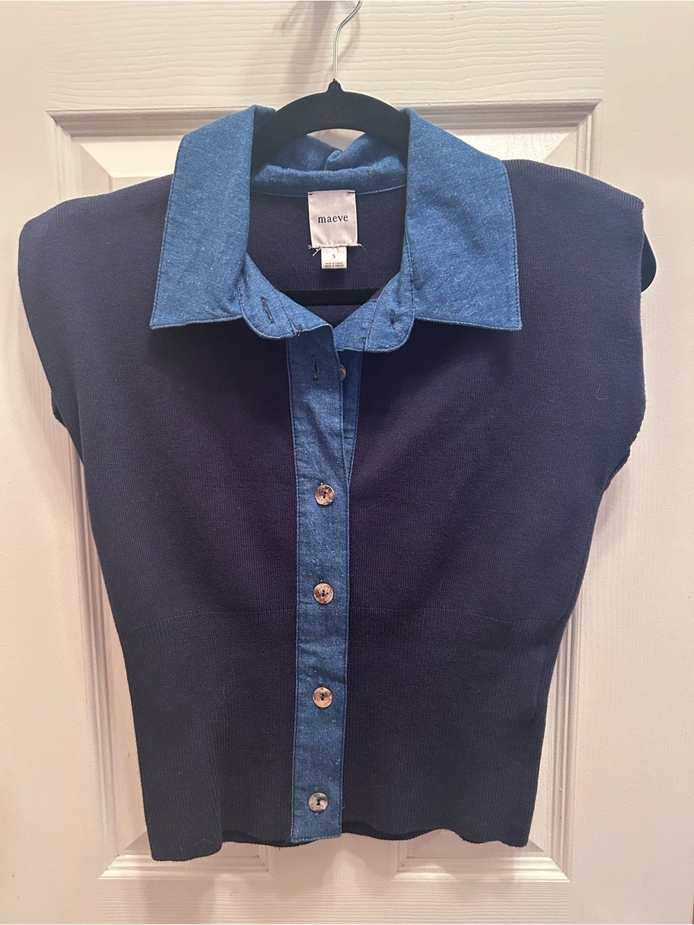 Maeve Sleeveless Navy Blue Sweater w/Denim Collar. Size S